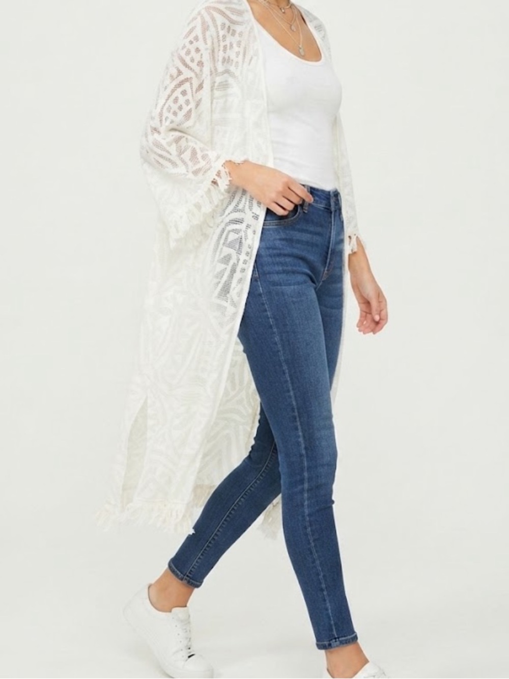 American Eagle Outfitters White Lace Kimono Fringe Cardigan Women’s One Size